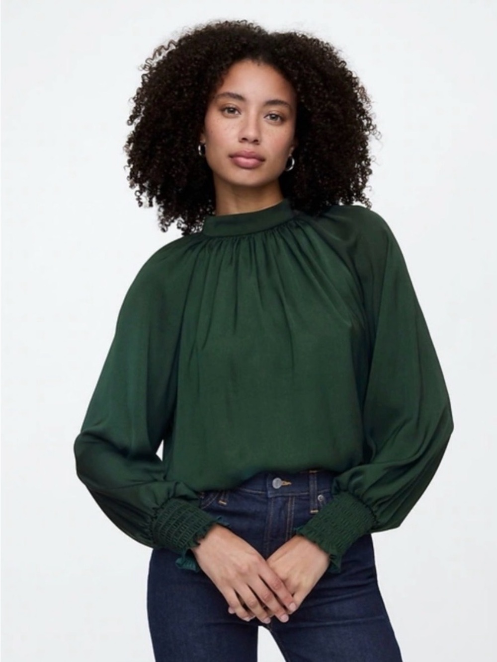 Gap Women’s Dark Green Long-Sleeve Gathered Satin Feel Shirt w/ Tie Back Size XL